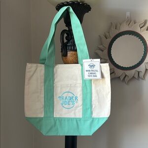 Mini Pastel Canvas Tote Bag - Mint & Cream NWT trader Joe Easter tote